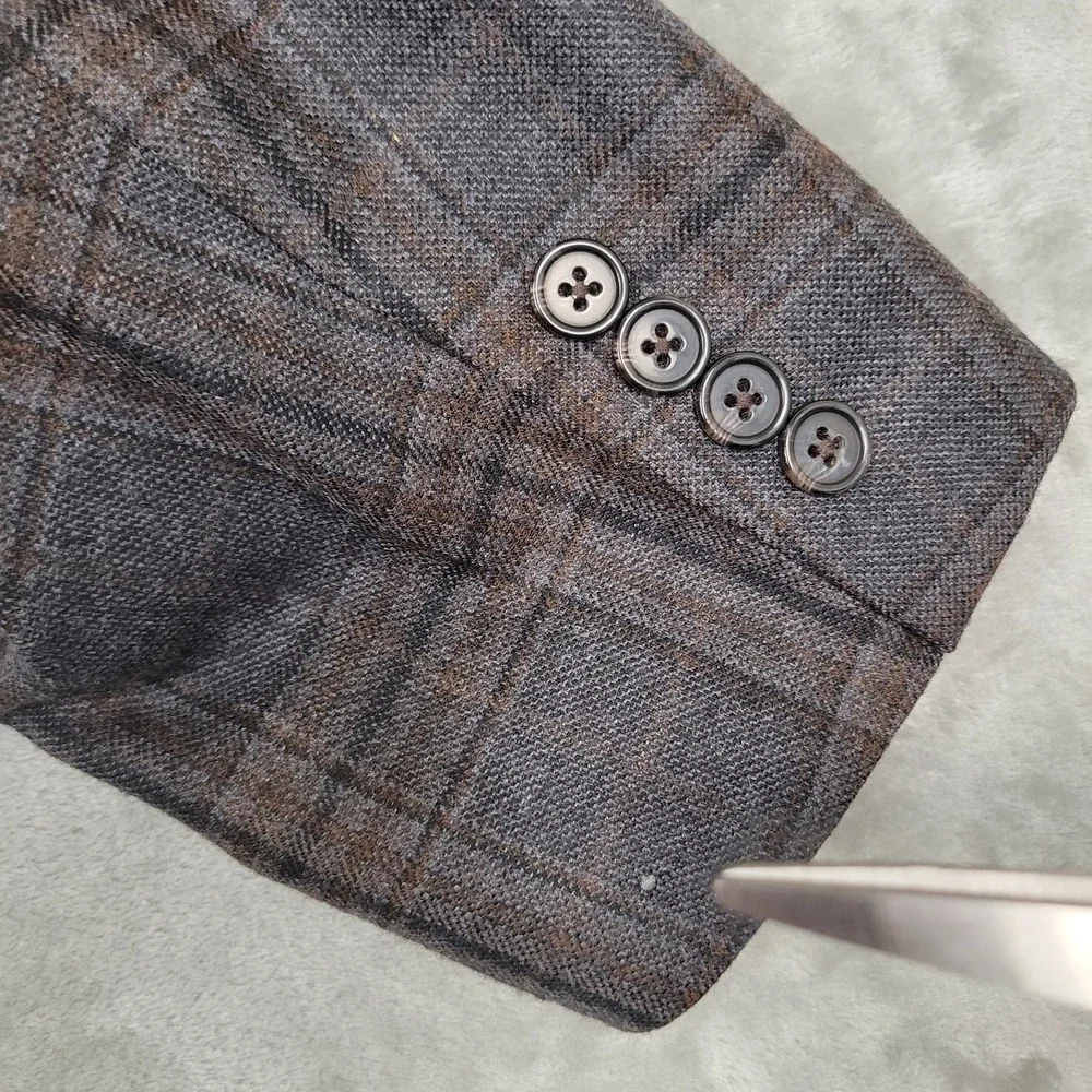Lauren Ralph Lauren Men's 46R Blue Brown Plaid 100% Wool Natural Stretch Blazer